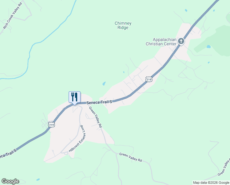 map of restaurants, bars, coffee shops, grocery stores, and more near 2165 Seneca Trail South in Peterstown