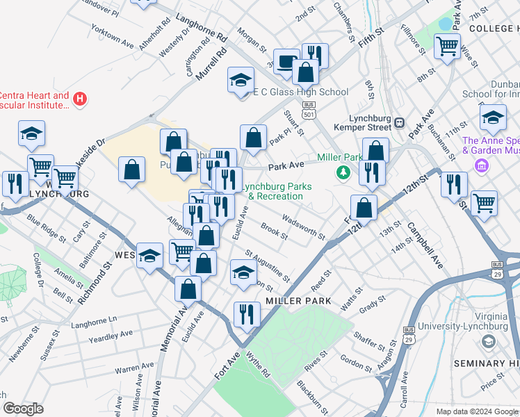 map of restaurants, bars, coffee shops, grocery stores, and more near 209 Wadsworth Street in Lynchburg