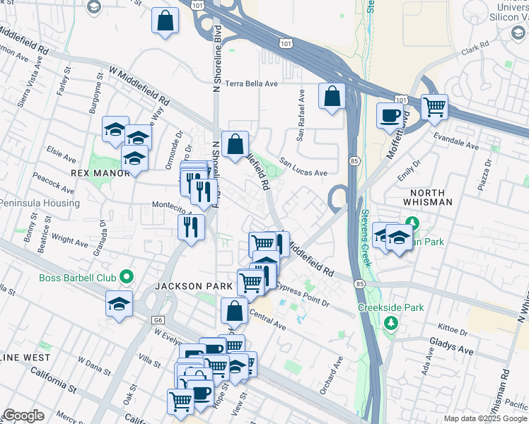 map of restaurants, bars, coffee shops, grocery stores, and more near 777 West Middlefield Road in Mountain View