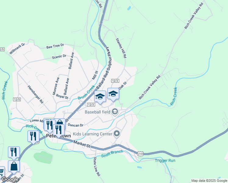 map of restaurants, bars, coffee shops, grocery stores, and more near 16 Locust Street in Peterstown