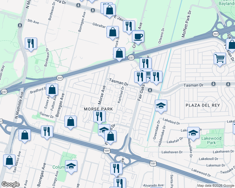 map of restaurants, bars, coffee shops, grocery stores, and more near 400 Tonkin Terrace in Sunnyvale