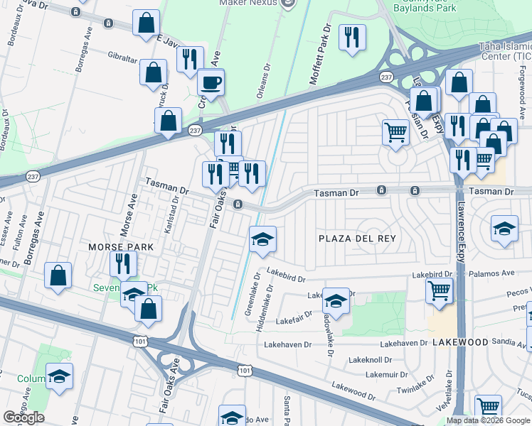 map of restaurants, bars, coffee shops, grocery stores, and more near Tasman Dr & Tasman Ct in Sunnyvale