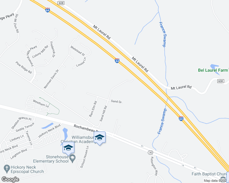 map of restaurants, bars, coffee shops, grocery stores, and more near 140 Sand Hill Road in Williamsburg