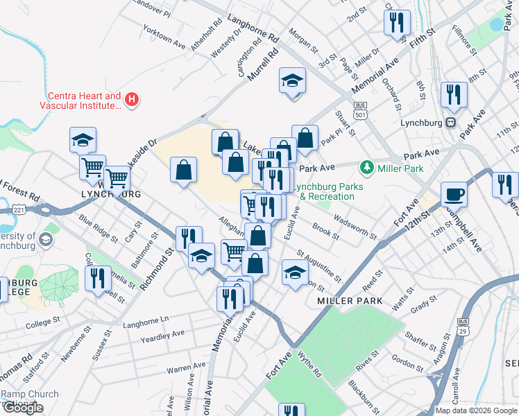 map of restaurants, bars, coffee shops, grocery stores, and more near 643 Wilton Avenue in Lynchburg