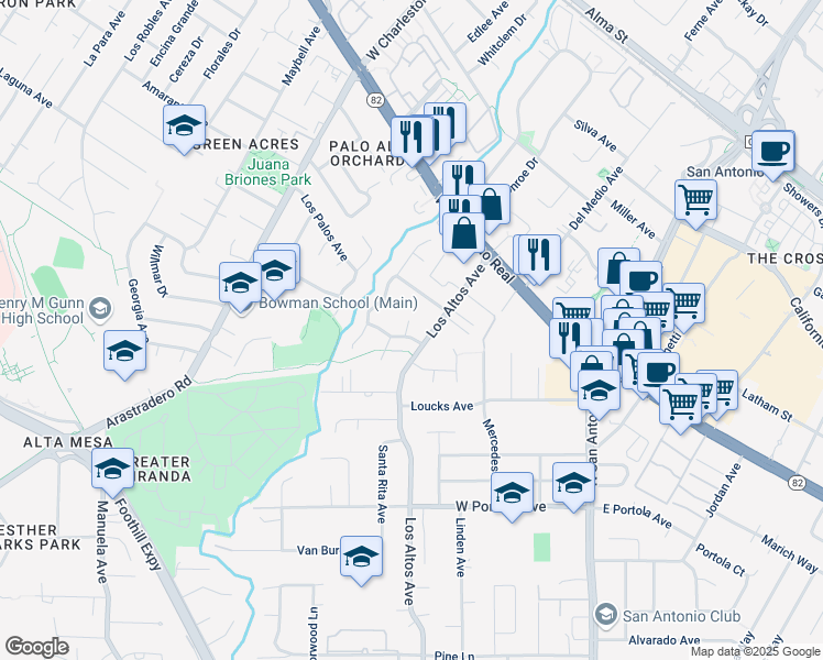 map of restaurants, bars, coffee shops, grocery stores, and more near 319 Lunada Court in Los Altos