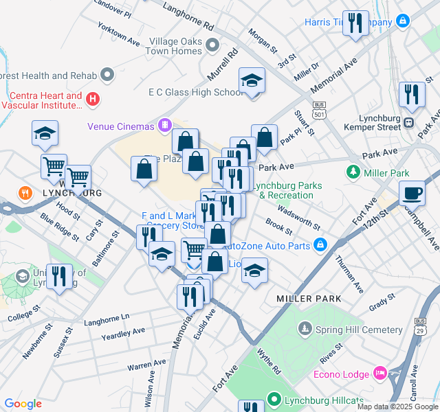 map of restaurants, bars, coffee shops, grocery stores, and more near 643 Wilton Avenue in Lynchburg