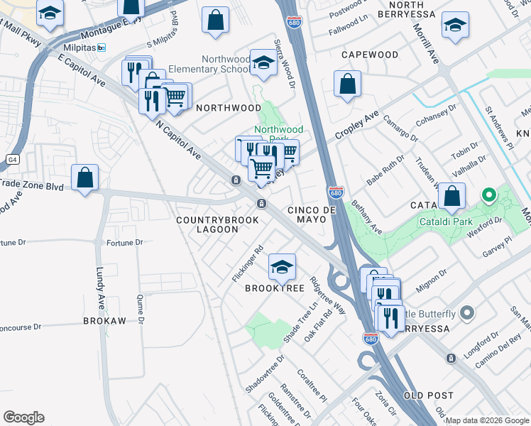 map of restaurants, bars, coffee shops, grocery stores, and more near 1895 North Capitol Avenue in San Jose