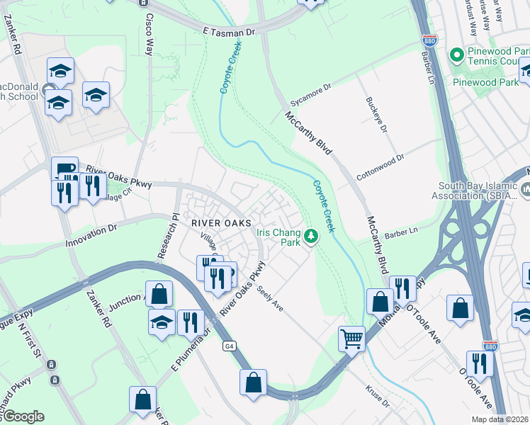 map of restaurants, bars, coffee shops, grocery stores, and more near 476 Mill River Lane in San Jose