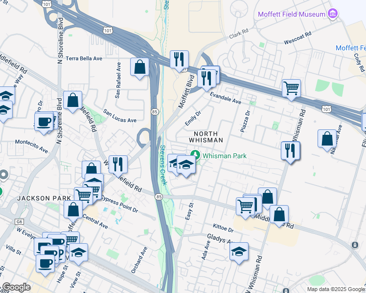 map of restaurants, bars, coffee shops, grocery stores, and more near 520 Walker Drive in Mountain View