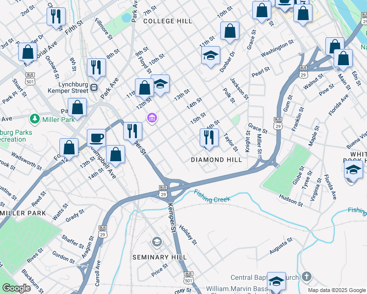 map of restaurants, bars, coffee shops, grocery stores, and more near 1601 Fillmore Street in Lynchburg