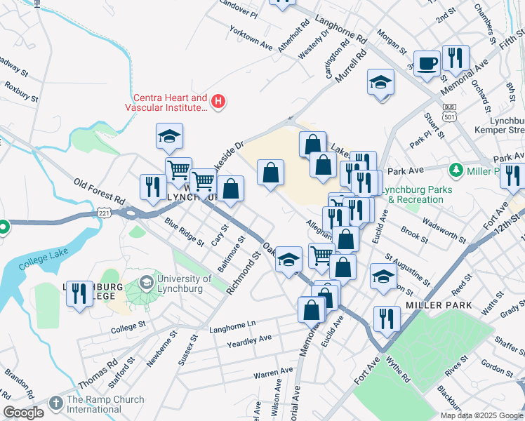 map of restaurants, bars, coffee shops, grocery stores, and more near 804 Rockbridge Avenue in Lynchburg