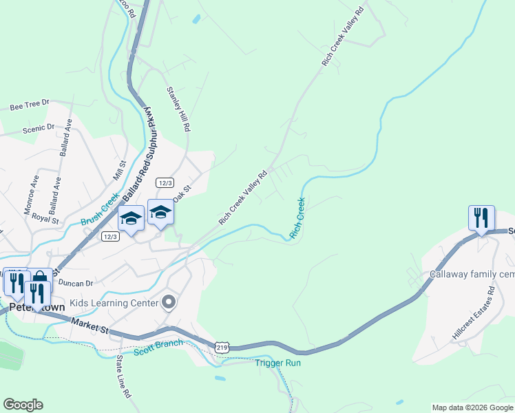 map of restaurants, bars, coffee shops, grocery stores, and more near 652 Rich Creek Valley Road in Peterstown
