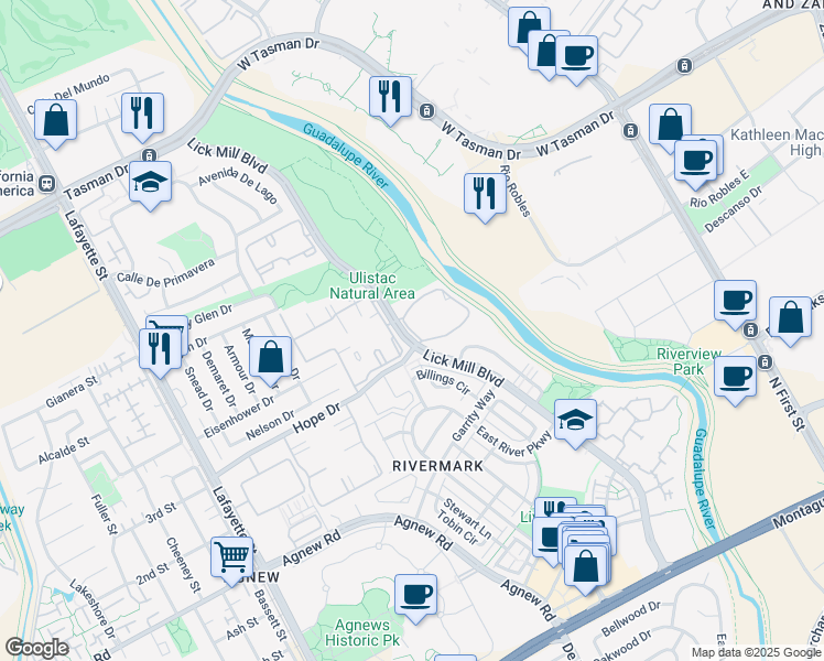 map of restaurants, bars, coffee shops, grocery stores, and more near 4503 Carlyle Court in Santa Clara