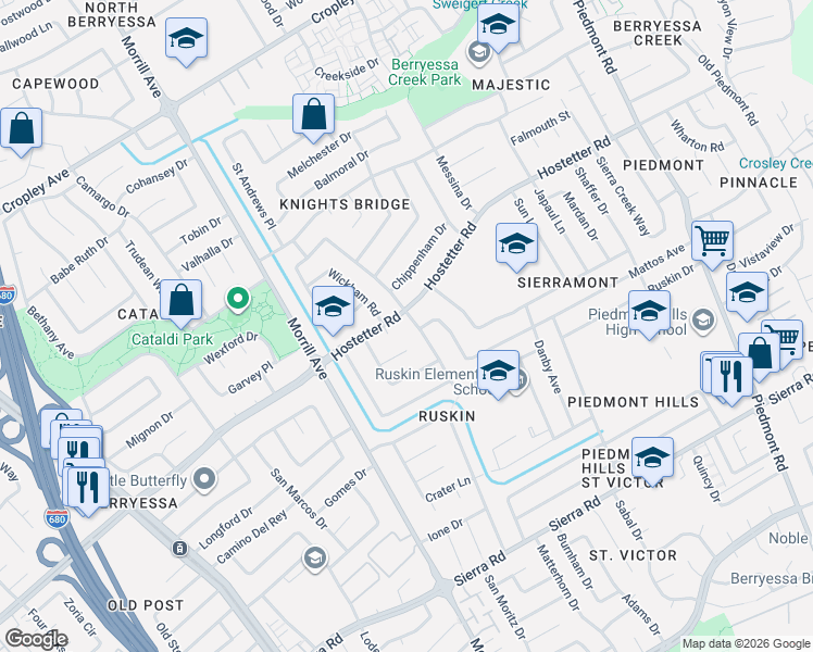 map of restaurants, bars, coffee shops, grocery stores, and more near 1602 Wickham Road in San Jose