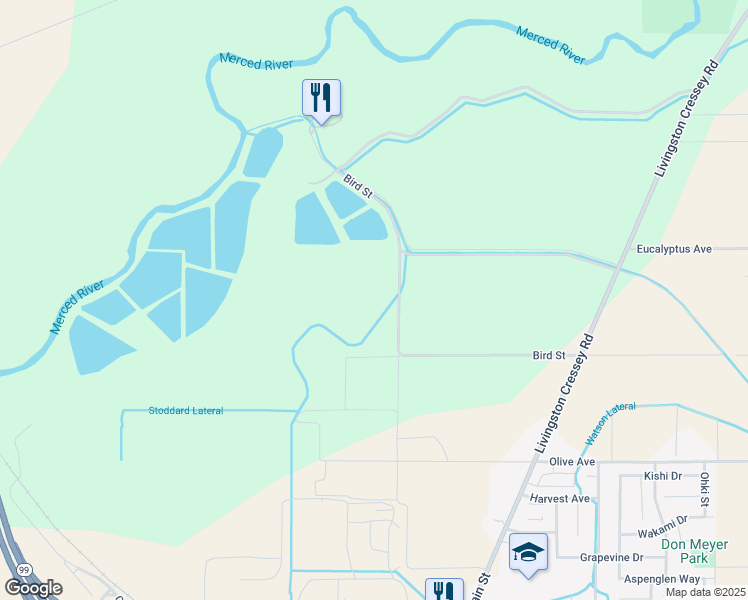 map of restaurants, bars, coffee shops, grocery stores, and more near 1777 Bird Street in Ballico