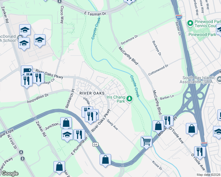 map of restaurants, bars, coffee shops, grocery stores, and more near 476 Mill River Lane in San Jose