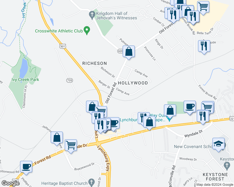 map of restaurants, bars, coffee shops, grocery stores, and more near 102 Camp Ave in Lynchburg