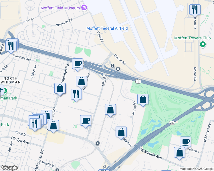 map of restaurants, bars, coffee shops, grocery stores, and more near 625 Ellis Street in Mountain View