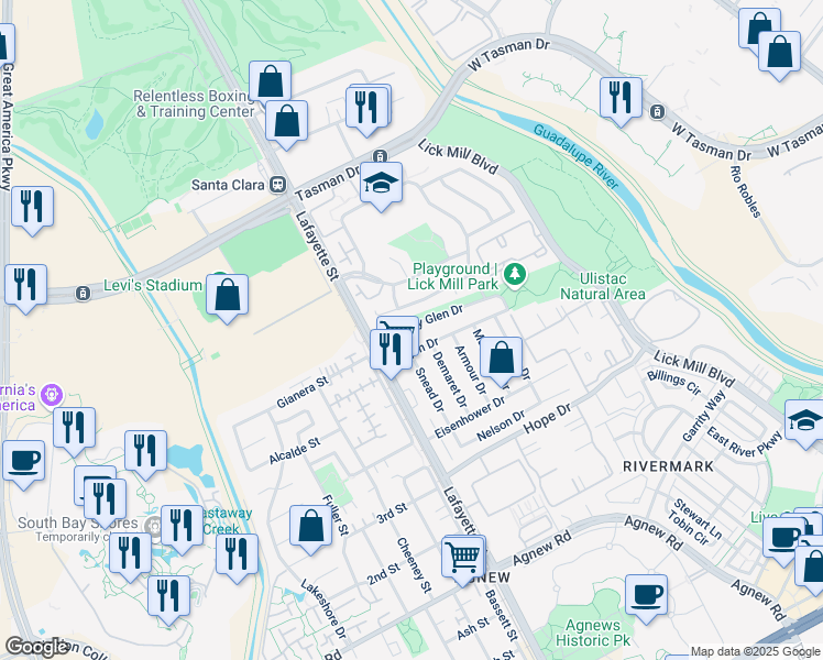 map of restaurants, bars, coffee shops, grocery stores, and more near 2138 Fairway Glen Drive in Santa Clara
