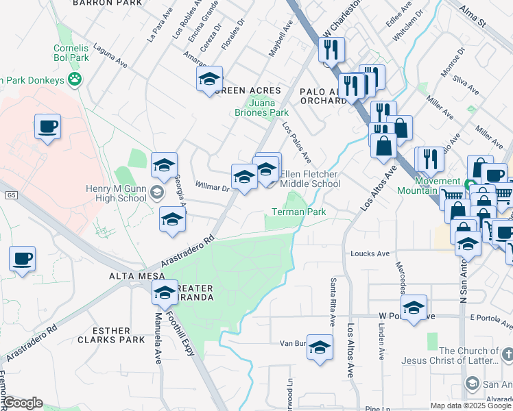map of restaurants, bars, coffee shops, grocery stores, and more near 4230 Terman Drive in Palo Alto