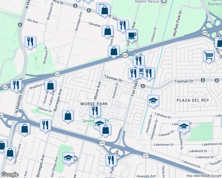 map of restaurants, bars, coffee shops, grocery stores, and more near 440 Topaz Terrace in Sunnyvale