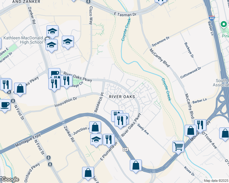 map of restaurants, bars, coffee shops, grocery stores, and more near 373 River Oaks Circle in San Jose