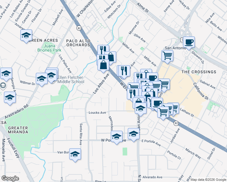 map of restaurants, bars, coffee shops, grocery stores, and more near 1070 Mercedes Avenue in Los Altos