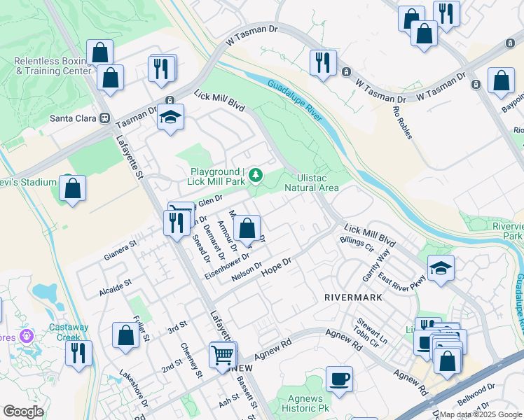 map of restaurants, bars, coffee shops, grocery stores, and more near 1535 Vista Club Circle in Santa Clara