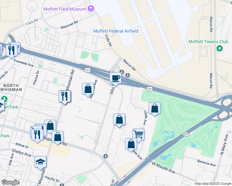map of restaurants, bars, coffee shops, grocery stores, and more near 625 Ellis Street in Mountain View