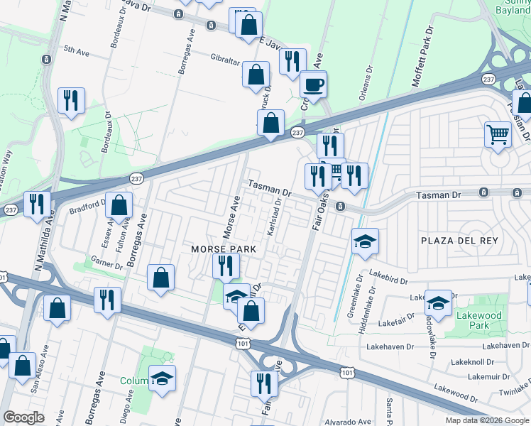 map of restaurants, bars, coffee shops, grocery stores, and more near 400 Tonkin Terrace in Sunnyvale