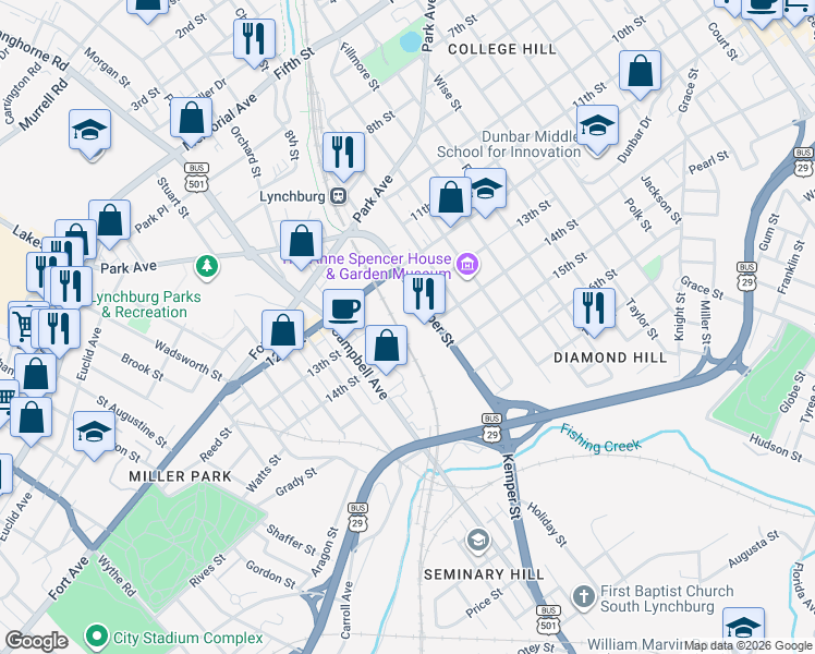 map of restaurants, bars, coffee shops, grocery stores, and more near 1401 Kemper Street in Lynchburg