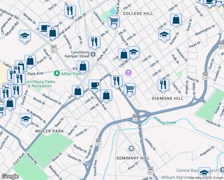 map of restaurants, bars, coffee shops, grocery stores, and more near 1401 Kemper Street in Lynchburg