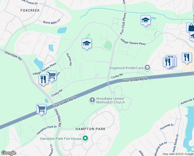 map of restaurants, bars, coffee shops, grocery stores, and more near 15524 Cosby Road in Chesterfield