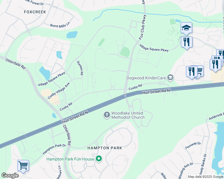 map of restaurants, bars, coffee shops, grocery stores, and more near 15524 Cosby Road in Chesterfield