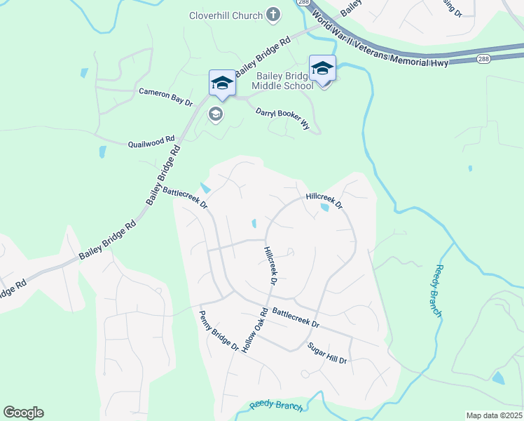 map of restaurants, bars, coffee shops, grocery stores, and more near 12414 Hillcreek Place in Midlothian