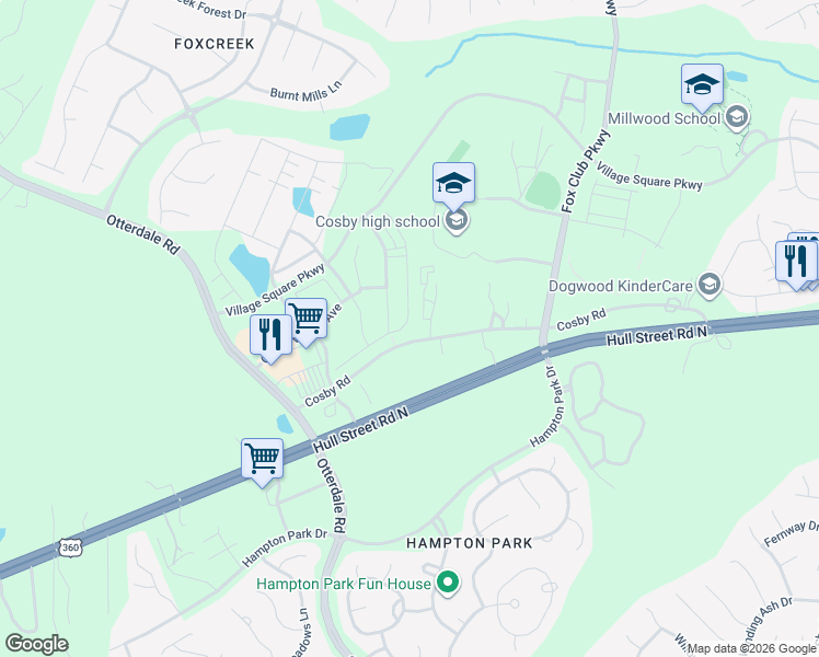 map of restaurants, bars, coffee shops, grocery stores, and more near 15700 Cosby Road in Chesterfield