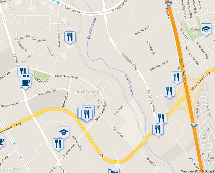 map of restaurants, bars, coffee shops, grocery stores, and more near 476 Mill River Lane in San Jose