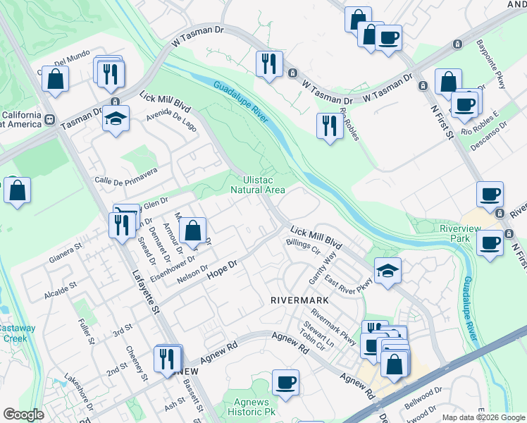 map of restaurants, bars, coffee shops, grocery stores, and more near 1580 Vista Club Circle in Santa Clara