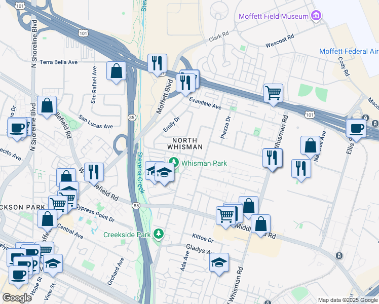 map of restaurants, bars, coffee shops, grocery stores, and more near 510 Walker Drive in Mountain View
