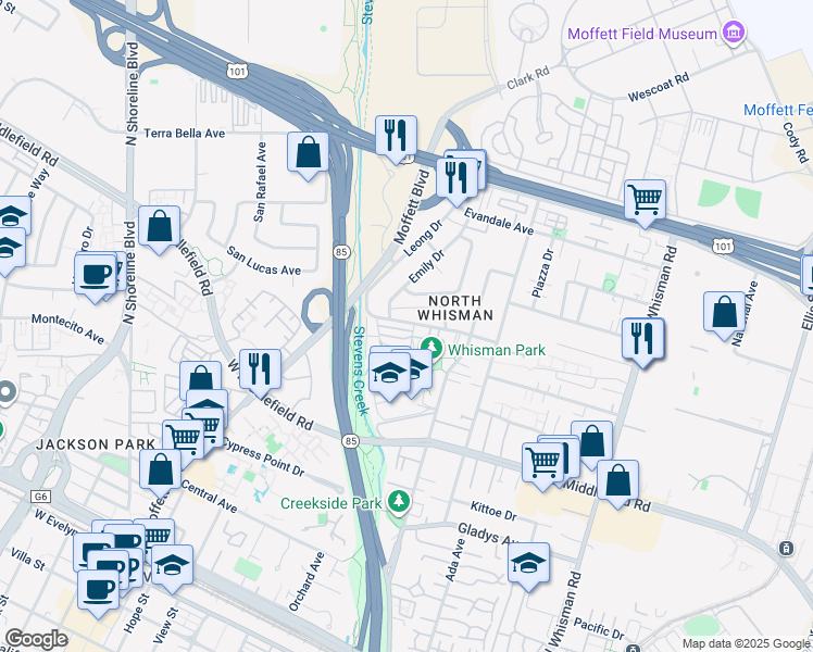 map of restaurants, bars, coffee shops, grocery stores, and more near 520 Walker Drive in Mountain View