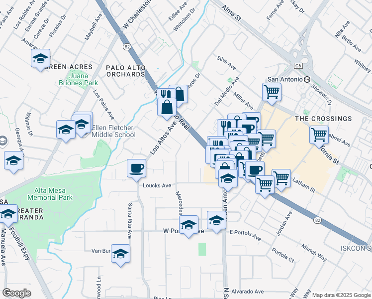 map of restaurants, bars, coffee shops, grocery stores, and more near 1070 Mercedes Avenue in Los Altos