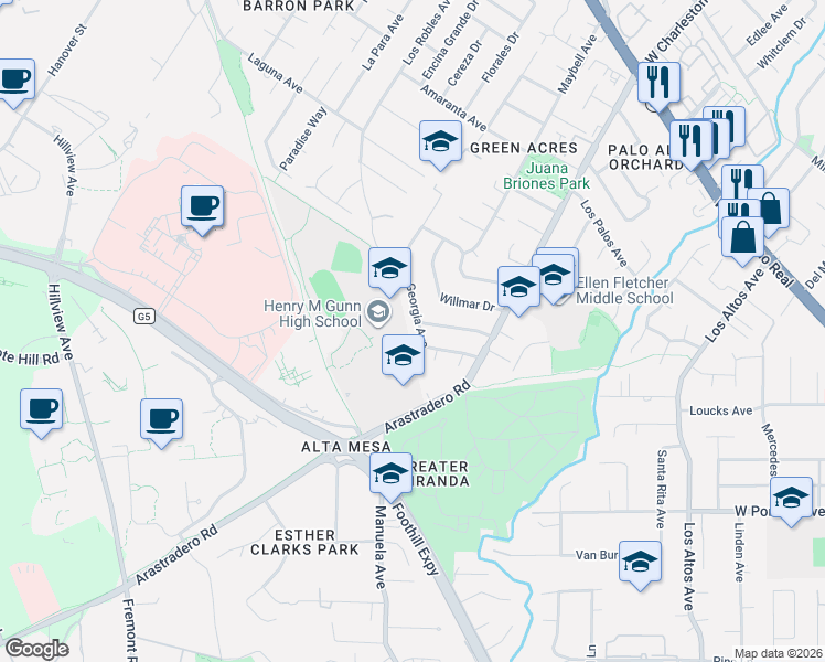 map of restaurants, bars, coffee shops, grocery stores, and more near 4142 Hubbartt Drive in Palo Alto