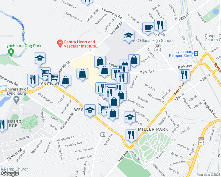 map of restaurants, bars, coffee shops, grocery stores, and more near 541 Wilton Avenue in Lynchburg