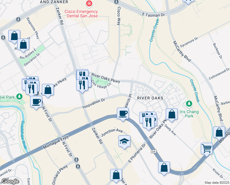 map of restaurants, bars, coffee shops, grocery stores, and more near #1220 330 Crescent Village Circle in San Jose