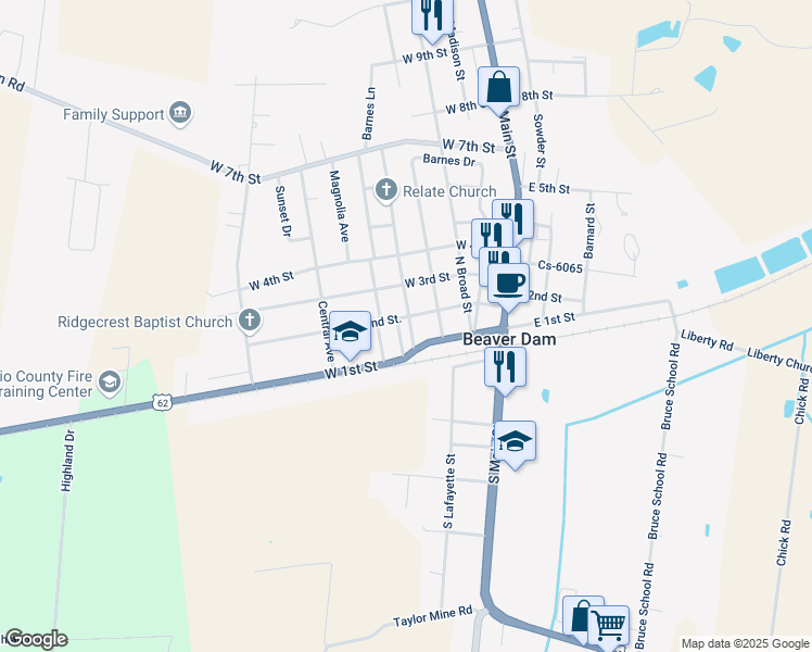 map of restaurants, bars, coffee shops, grocery stores, and more near 500 West 2nd Street in Beaver Dam