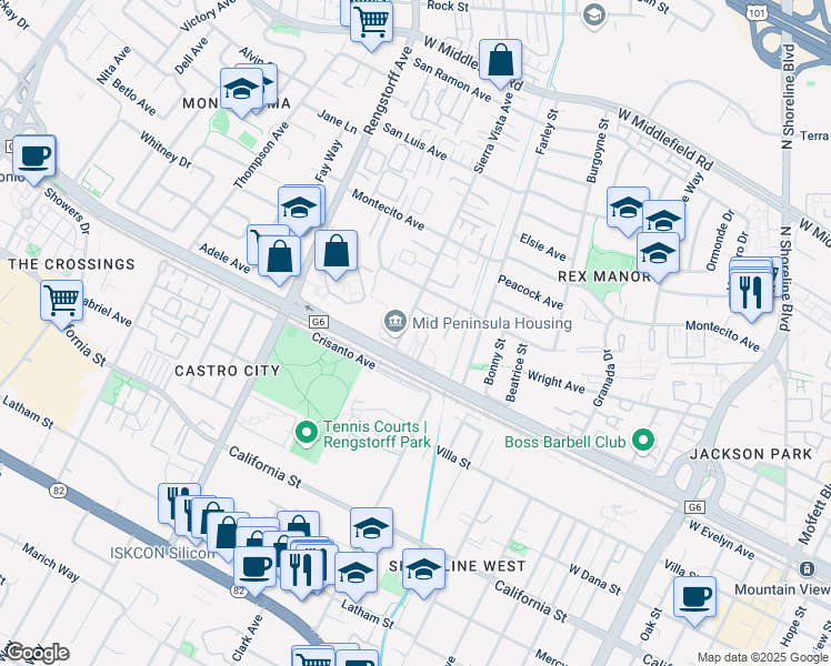 map of restaurants, bars, coffee shops, grocery stores, and more near 1972 Silverwood Avenue in Mountain View