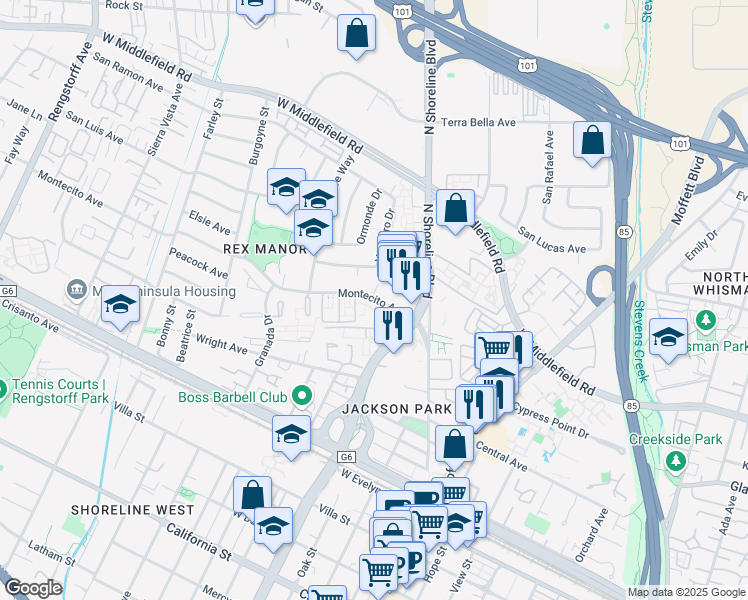 map of restaurants, bars, coffee shops, grocery stores, and more near 1296 Montecito Ave in Mountain View