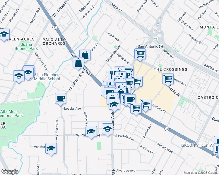 map of restaurants, bars, coffee shops, grocery stores, and more near 2630 West El Camino Real in Mountain View