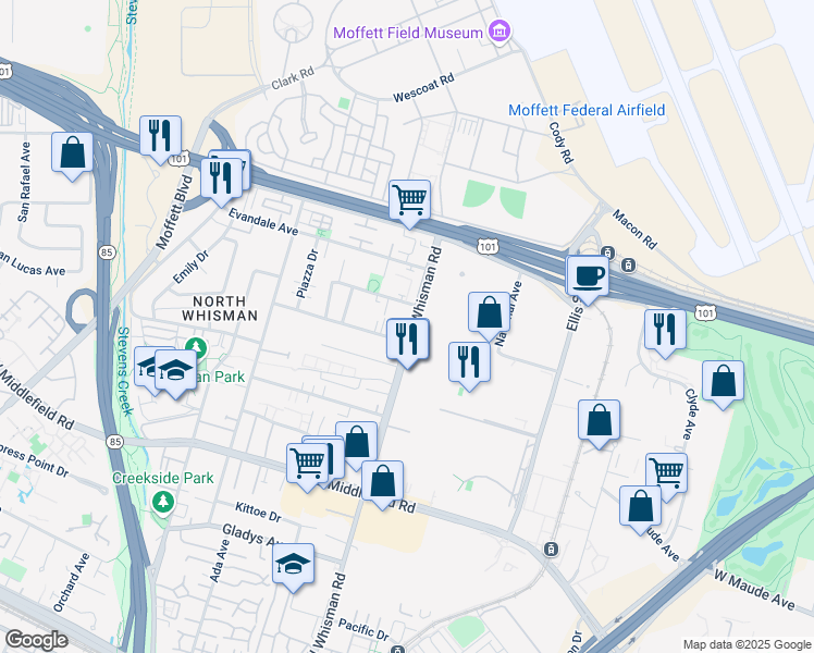 map of restaurants, bars, coffee shops, grocery stores, and more near 526 North Whisman Road in Mountain View