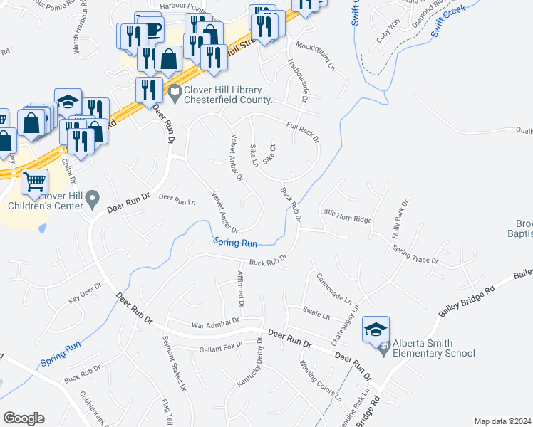 map of restaurants, bars, coffee shops, grocery stores, and more near 7130 Velvet Antler Drive in Midlothian